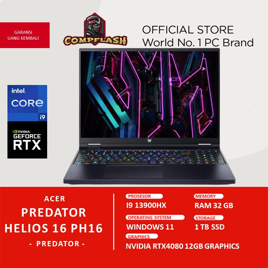 LAPTOP ACER PREDATOR HELIOS 16 PH16 RTX4080 12GB I9 13900HX RAM 32GB 1TBSSD WQXGA 240HZ PKRGB