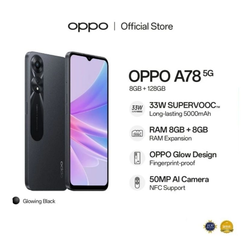 Oppo A78 5G - Ram 8GB+5GB & memory internal 128GB garansi resmi Oppo 1 tahun Indonesia support NFC
