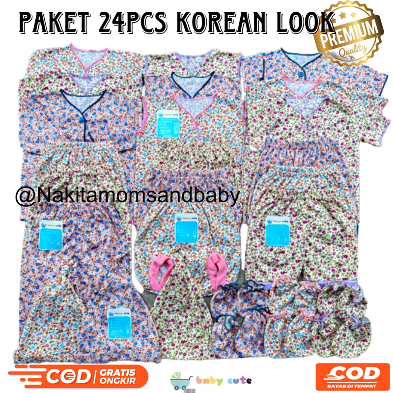 24pcs Paket perlengkapan baju celana bayi baru lahir, 3-6 dan 6-12 bulan kado motif perempuan printing korean look  SNI promo 9.9