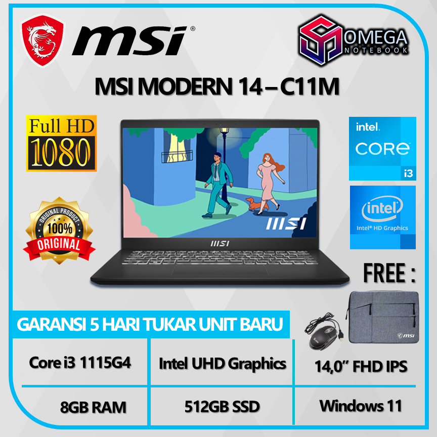 Laptop MSI Modern 14 C11M i3-1115G4 8GB 512GB UHD 14,0 FHD iPS Windows 11 Slim bezel 100% SRGB
