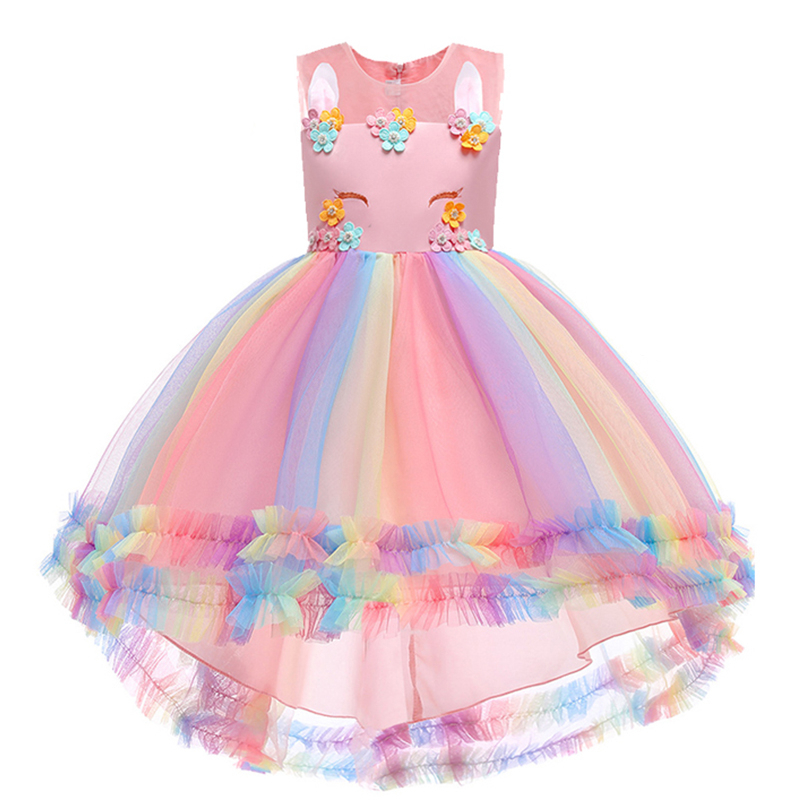 3-12 Tahun Anak Perempuan Ekor Panjang Unicorn Dress + Sayap + Headband 3PCS Set Bunga Pesta Pernikahan Elegan unicorn Kostum