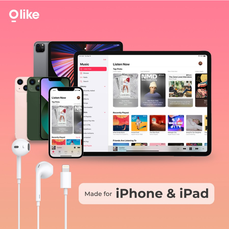 Olike E12 Wired Lightning Earphone Earpods iPhone iPad Earbuds HF
