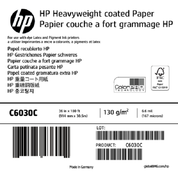 

HP Heavyweight Coated Paper C6030C 167microns(6.6mil) 130g/m2(35lbs) 914mm x 30,5m