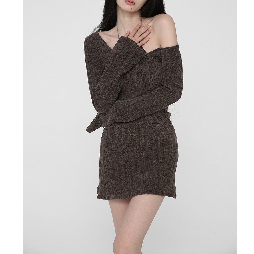 YIU YIU Rajut - Korea Bodycon Square Neck Mini Dress Wanita Sexy Knit Dress Long Sleeves