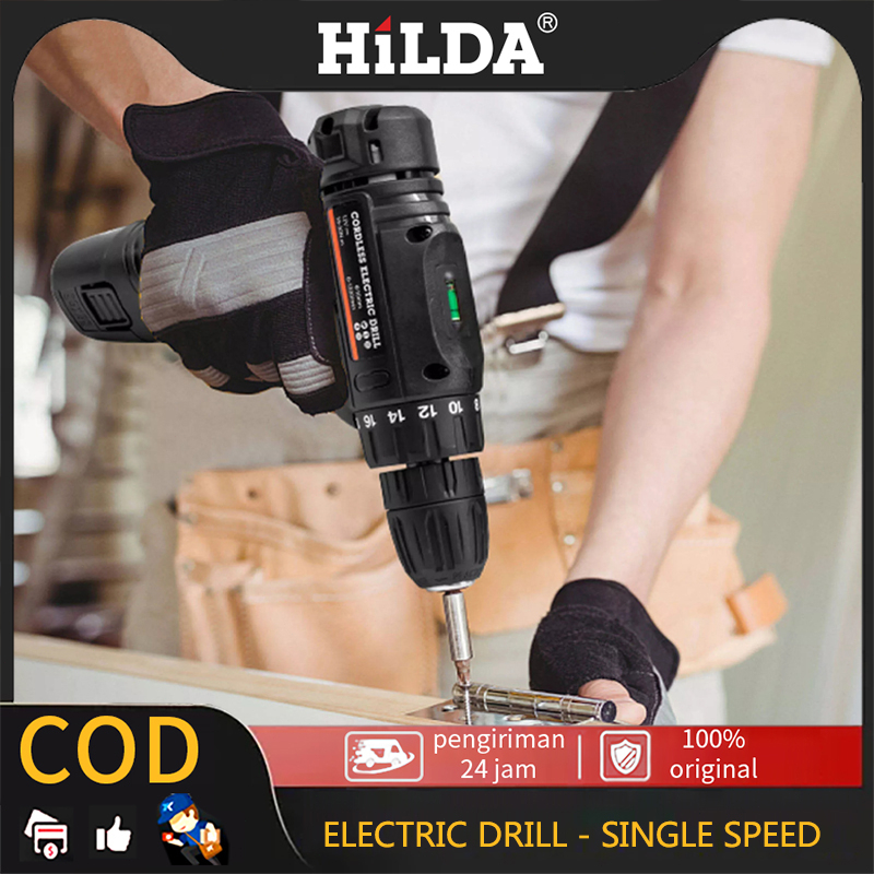 HILDA 12V Mesin Bor - Cordless Drill-Obeng Listrik-Screwdriver Set 2baterai