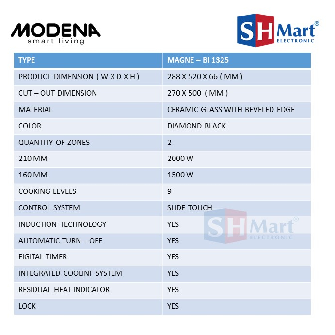 KOMPOR TANAM INDUKSI MODENA BI1325 / KOMPOR LISTRIK BI-1325 GARANSI RESMI