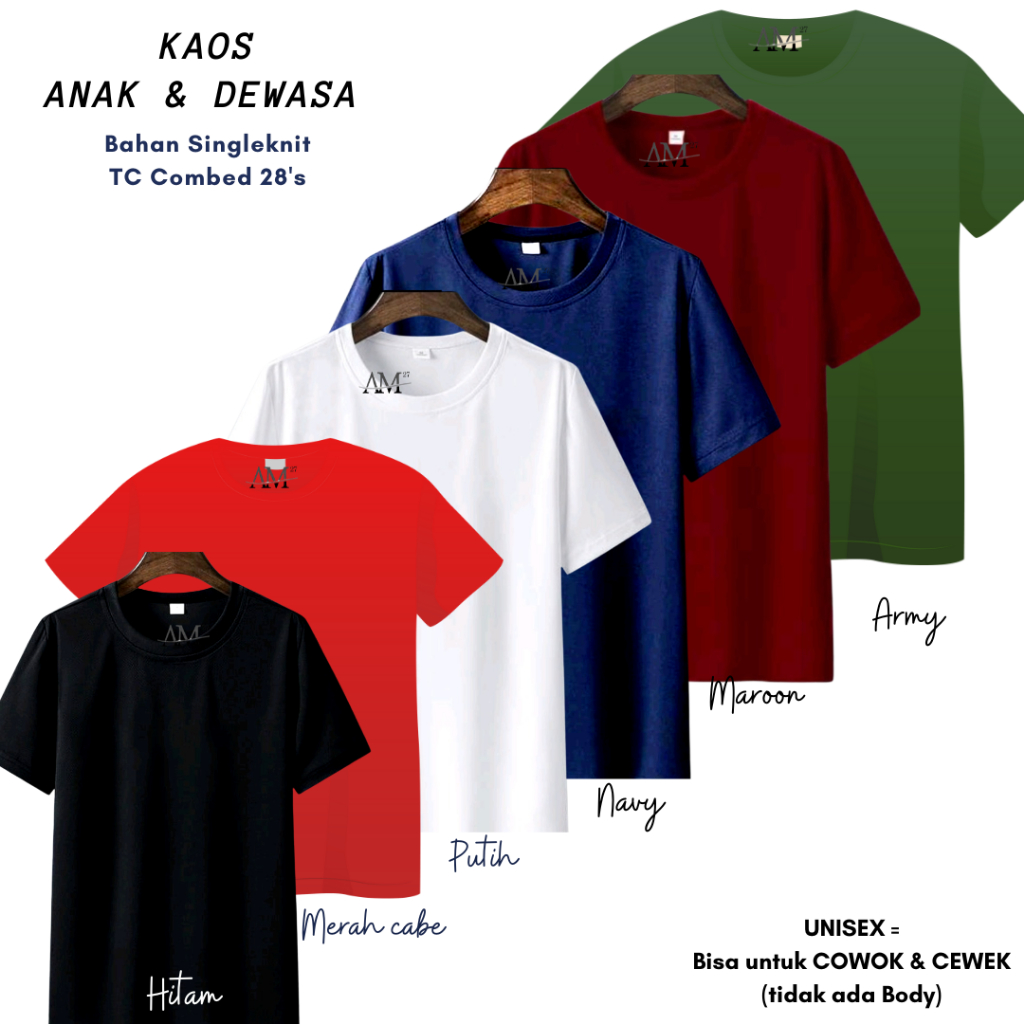 Baju Kaos COWOK Anak sampai Dewasa POLOS Oblong Distro Bahan katun