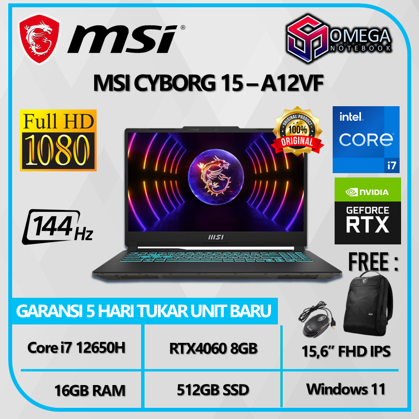 Laptop MSI CYBORG 15 A12VF RTX4060 8GB i7 12650H 16GB 512GB 15,6 FHD 144Hz Windows 11