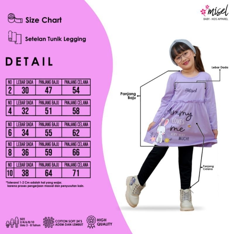 Setelan Baju Kaos Tunik Leging Lengan Panjang Anak Perempuan Misel 2 - 8 Tahun