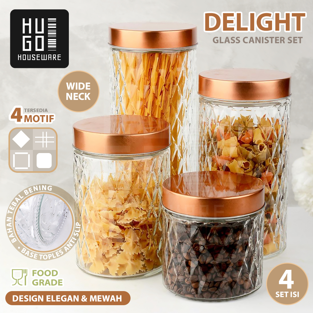 Toples Kaca Set 4 Pcs Toples Kue Kedap Udara Tutup Warna Rose Gold Premium Quality HUGO