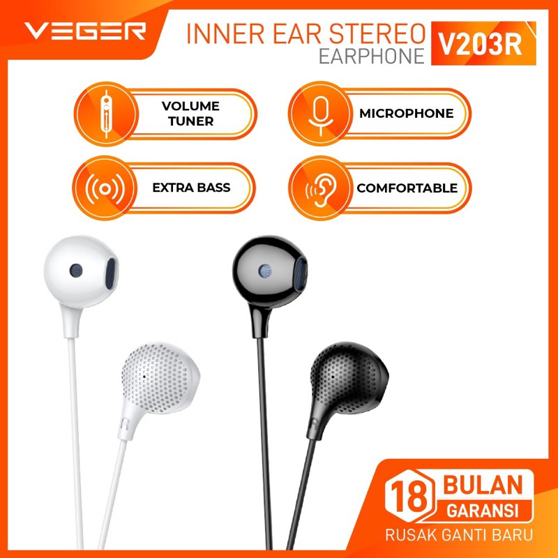 VEGER V203R / earphone headset handsfree VEGER V203R with MIC EXTRA BASS ORIGINAL GARANSI RESMI