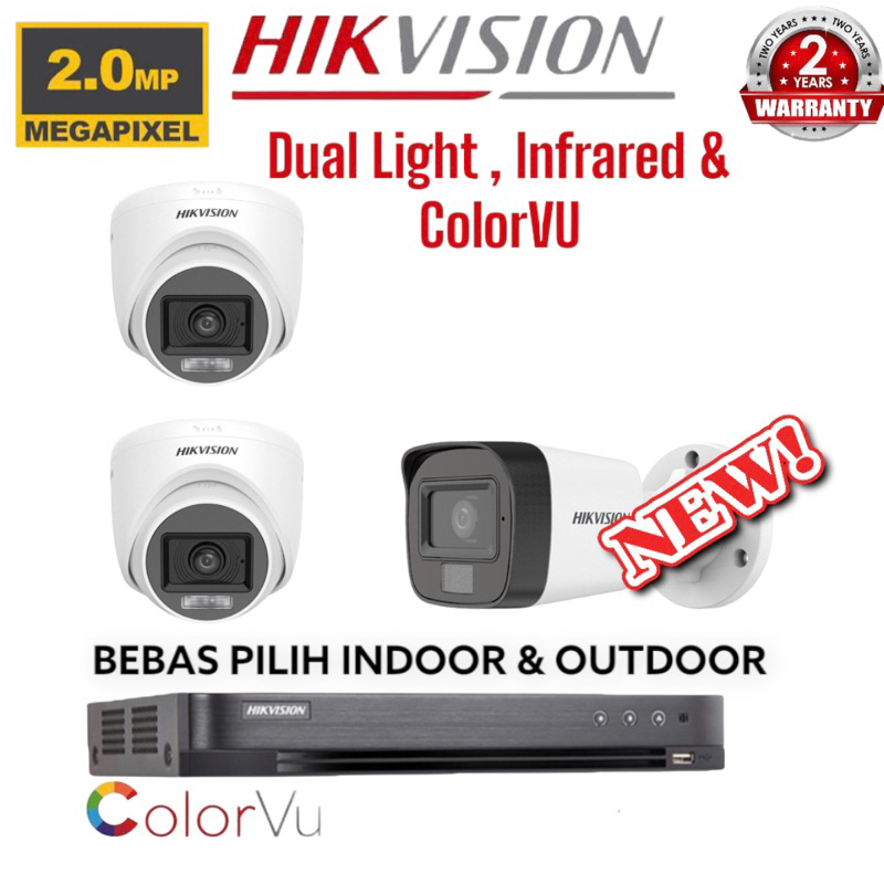 PROMO PAKET KAMERA CCTV HIKVISION 3 CAMERA DUAL LIGHT COLORVU &amp; INFRARED 2MP 1080P FULL HD DVR 4 CHANNEL HIKVISION KOMPLIT TINGGAL PASANG BISA PANTAU DI HP ANDROID 3 Ch 2 MEGAPIXEL MURAH 3CH