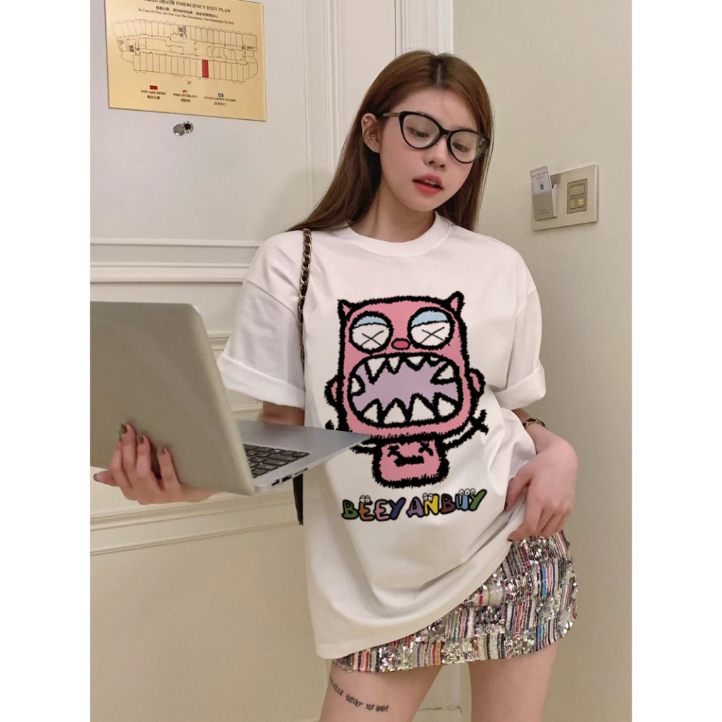 EUNII T-shirt Lengan Pendek Cute Little Monster Korean Style/Kaos Atasan Wanita/Baju Kaus Oversize Wanita/Kaos Wanita