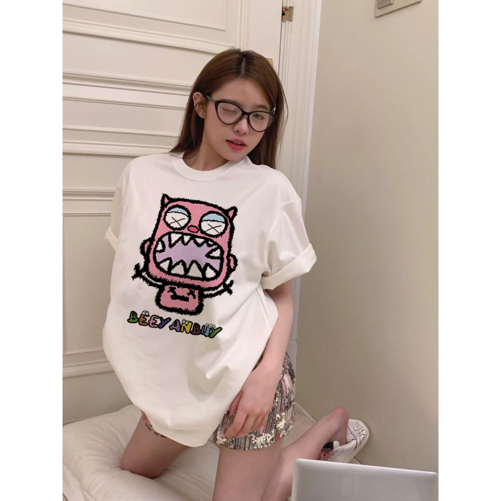 EUNII T-shirt Lengan Pendek Cute Little Monster Korean Style/Kaos Atasan Wanita/Baju Kaus Oversize Wanita/Kaos Wanita