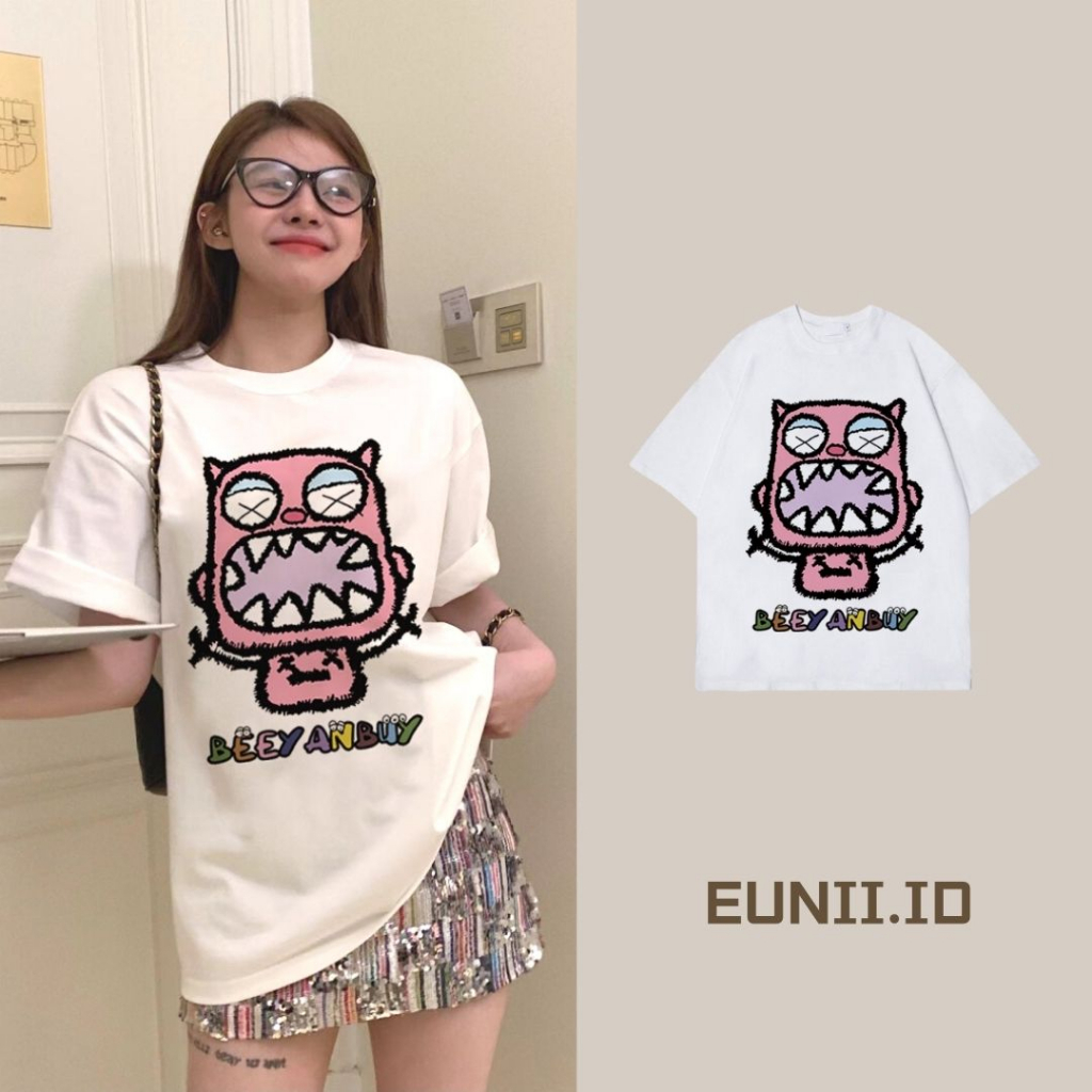 EUNII T-shirt Lengan Pendek Cute Little Monster Korean Style/Kaos Atasan Wanita/Baju Kaus Oversize Wanita/Kaos Wanita