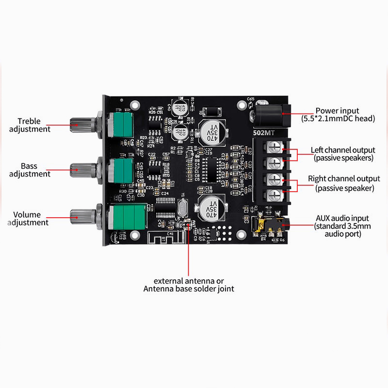 ZK-502MT 2*50W Stereo Bluetooth 5.0 2.0 Channel Audio Digital HIFI Power Amplifier Board High Power Audio Stereo Amplifier Board AUX Bass Treble AMP 12V 24V