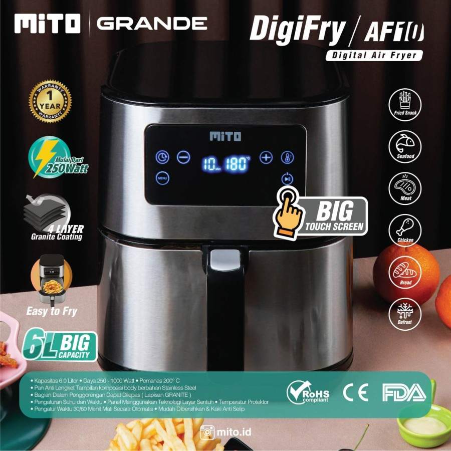 Air Fryer Airfryer Mito Grande AF10 AF 10 Kapasitas 6L 6 Liter Touchscreen Layar Sentuh Penggorengan Tanpa Minyak