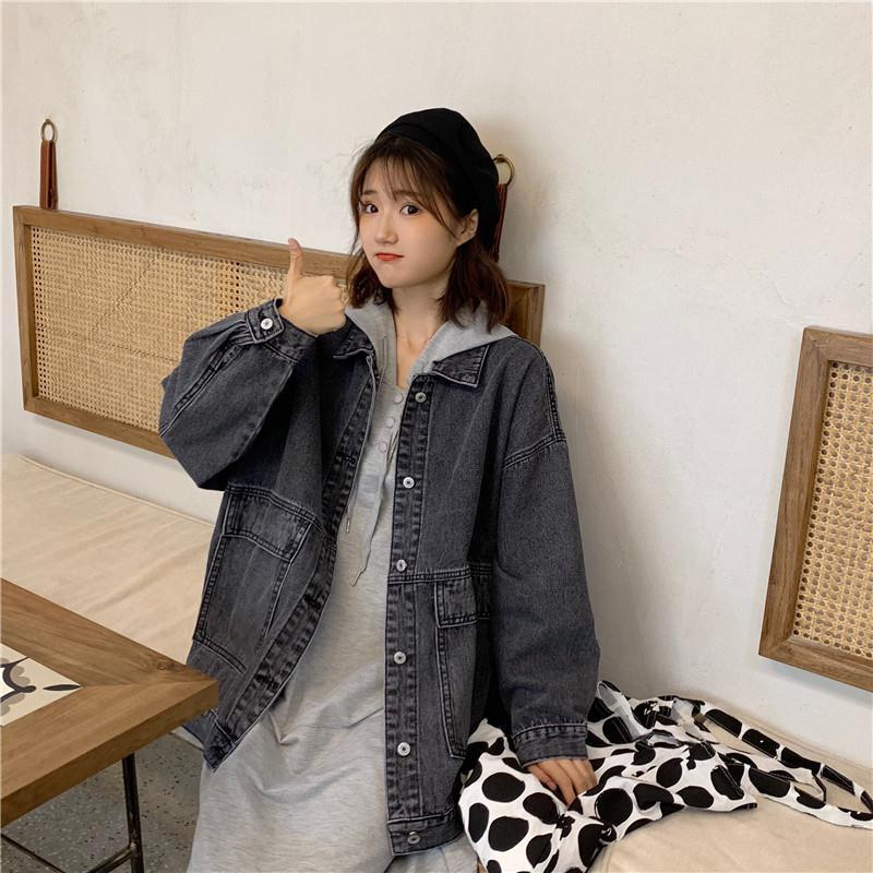 Korean Style Jaket Denim Wanita Lengan Panjang Jacket Denim Coat Oversize