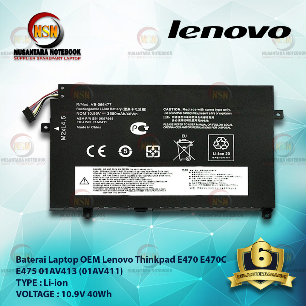 Baterai OEM Lenovo Thinkpad E470 E470C E475 01AV413 01AV411 01AV412 10.9V 40Wh