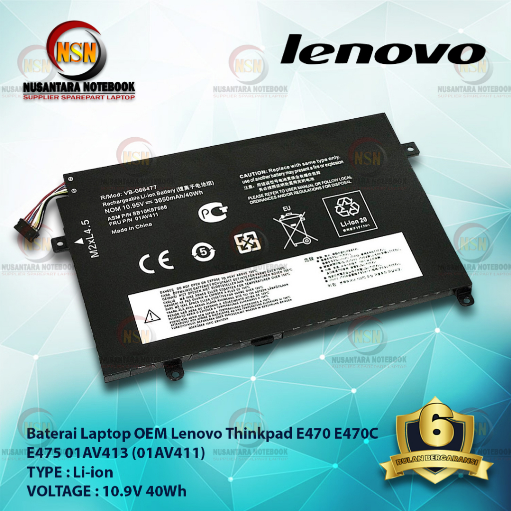 Baterai OEM Lenovo Thinkpad E470 E470C E475 01AV413 01AV411 01AV412 10.9V 40Wh