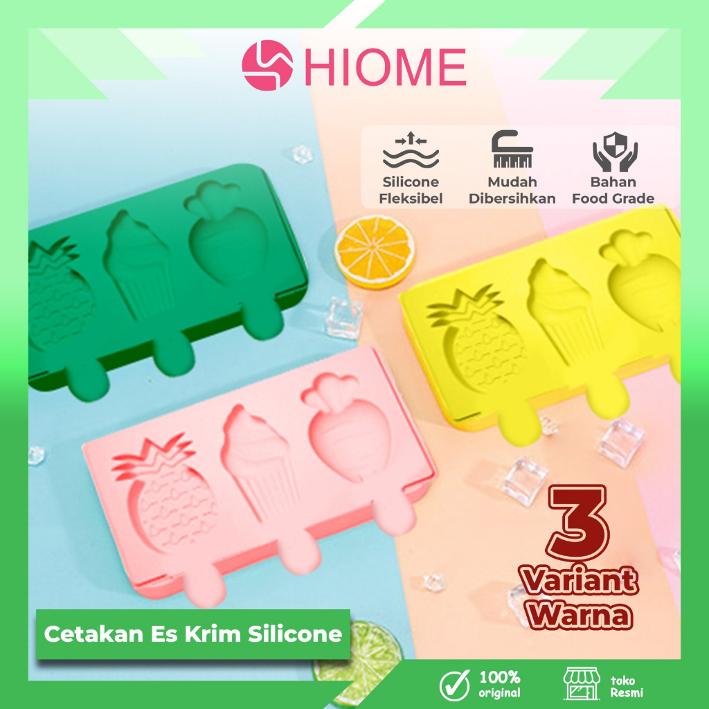 HIOME Cetakan Es Krim Silikon 3 Slot / Cetakan Es Krim Puding Jelly Unik & Lucu / Es Loli & Agar-aga