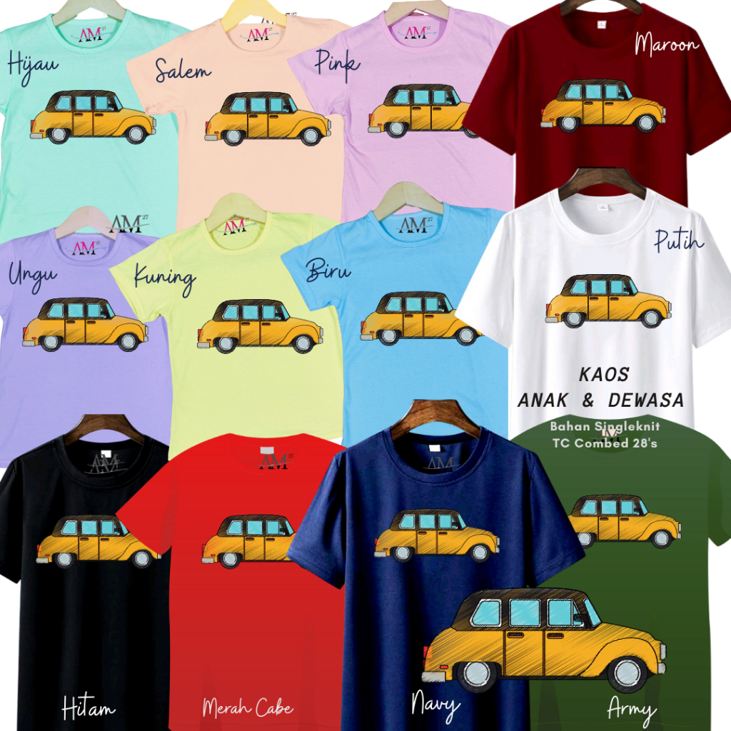 KAOS ANAK COWOK 3-12 tahun - Remaja - XXXL Dewasa TC Combed 28's &quot;MOBIL&quot; 12WARNA