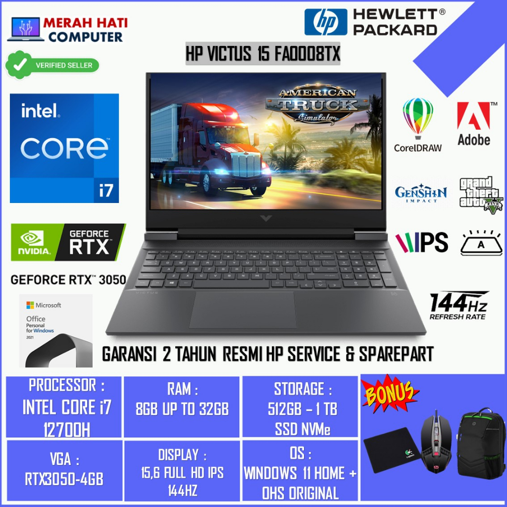 Laptop HP Victus 15 fa0008tx Intel i7 12700H 32GB 512GB RTX3050-4GB 15.6FHD IPS 144HZ BL Windows 11 Home  + OHS Mica Silver Original