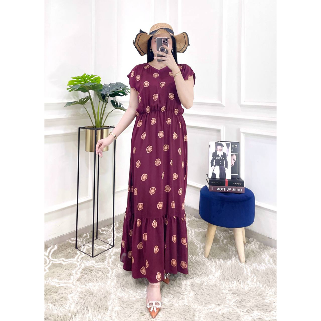 Dress Maxi Manohara Runa Dress Wanita Rayon Santung Zipper Depan