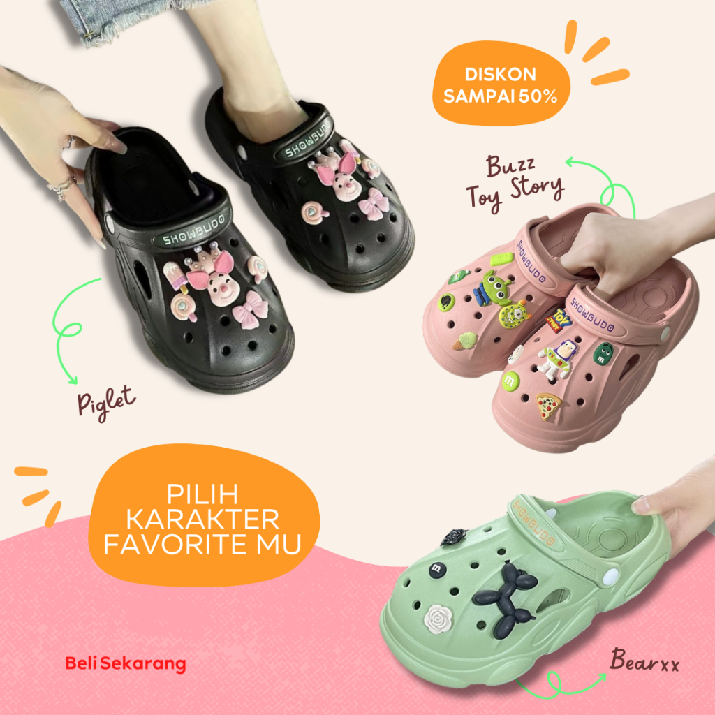 Minipetite SD2211 Sendal Clog Wanita Import Sandal Bapao Pigglet Buzz Toy Bear Bae Clog Jibblitz Bkk Sendal DIY Jiblitz Perempuan