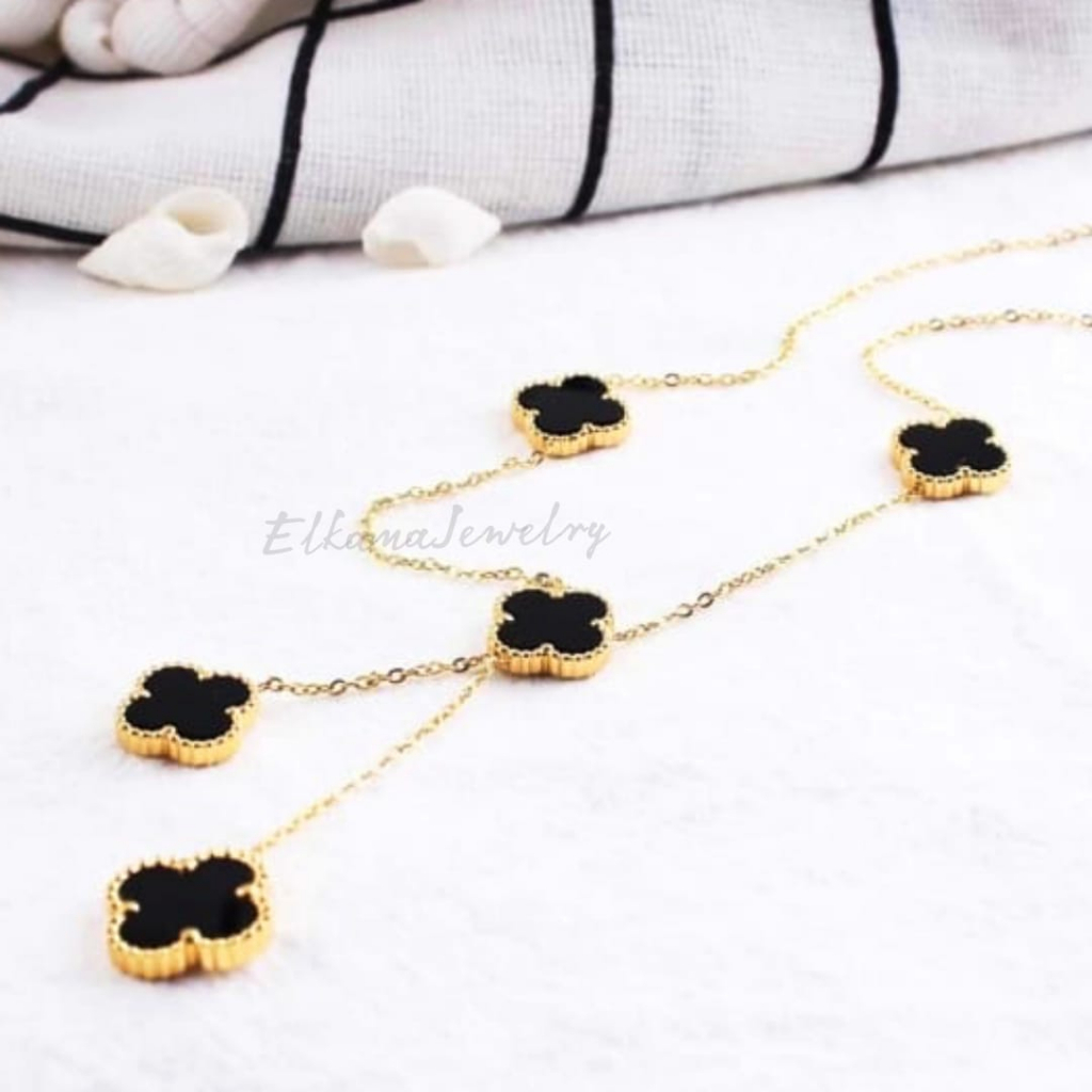 KALUNG TITANIUM FASHION BUNGA clvr bolak balik 6 mm hitam Perhiasan super berkelas korea anti karat dan anti luntur (COD)