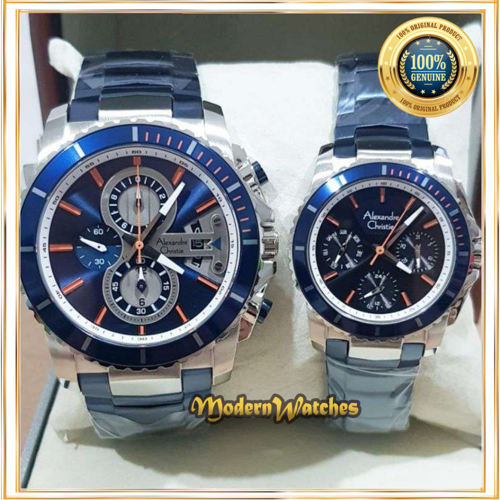 Jam Tangan Couple Alexandre Christie Original AC 6455 Blue Rosegold Biru Dongker Navy Rantai Sporty 