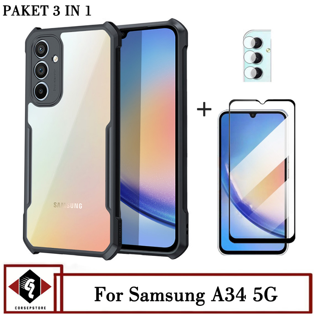 Paket 3In1 Case Samsung A34 5G Softcase Transparan Free Tempered Glass Dan Camera
