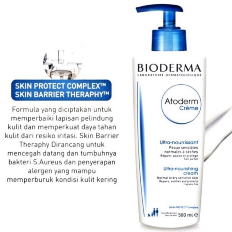 BIODERMA ATODERM CREME ULTRA NOURISHING CREAMREPAIRS - SOOTHES - PROTECTSNORMAL TO DRY SENSITIVE SKIN 500 ML BOTTLE WITH PUMP LOTION TUBUH