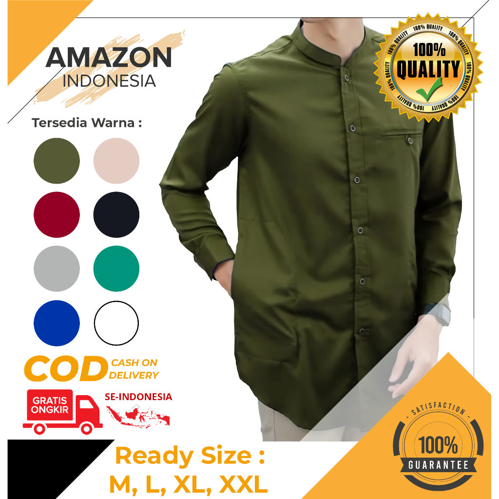 Baju Koko Kurta Dewasa Lengan Panjang Warna Army Material Catton Toyobo Adem Serap Keringat