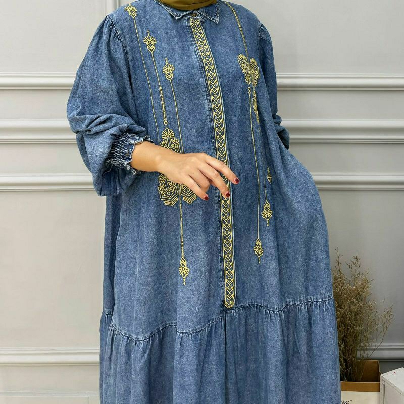 Fadila Jeans Maxy, GAMIS JEANS LEBARAN CANTIK MODIS JUMBO FIT XXXL LD 124 BAHAN JEANS WASH IMPORT MIX BORDIR TERMURAH TERLARIS OOTD