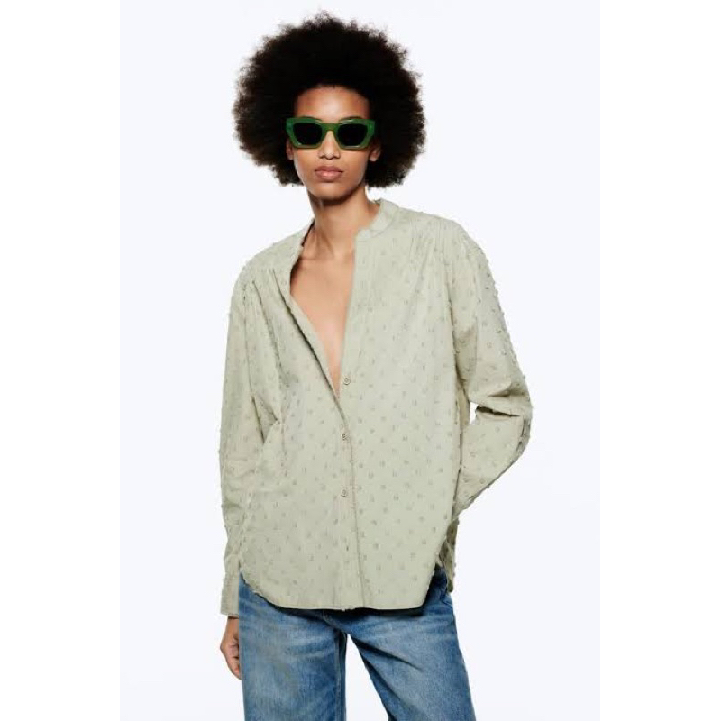 Zara plumetis blouse with lace trim - Sage green