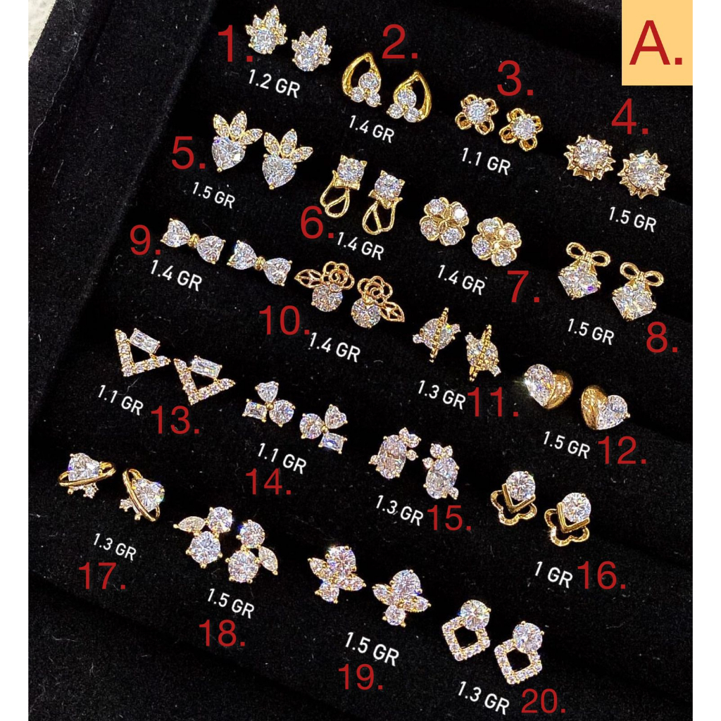 Anting stud anak dan dewasa emas asli kadar 70 16k solitaire bintang kupu2 clover love pita diamond look mariposa korean kerabu giwang duduk paku cucuk tusuk