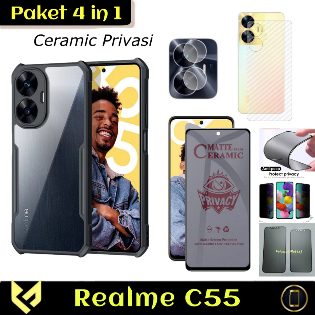 PROMO Paket 4IN1 Case For REALME C55 SoftCase Fusion Free Tempered Glass Layar Warna &amp; Tempered Glass Camera &amp; Garskin Carbon