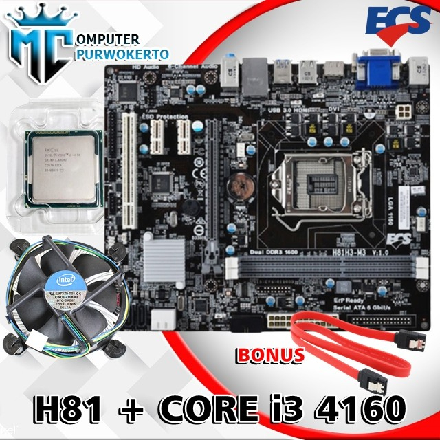 Mainboard Soket 1150 H81 Ecs Dan Processor I3 4160 Bonus Fan