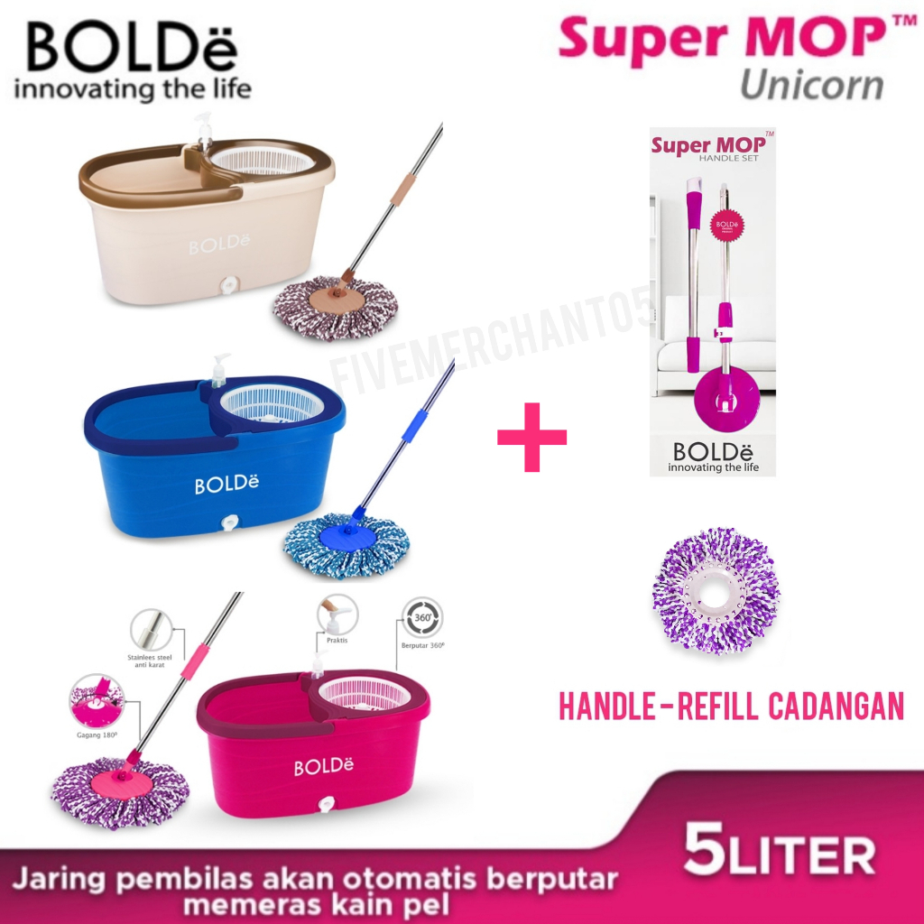 Alat Pel Bolde Supermop UNICORN Otomatis Tongkat Putar Ember Murah Pel Super Mop Paket Pel dan Ember Pembersih Lantai Otomatis