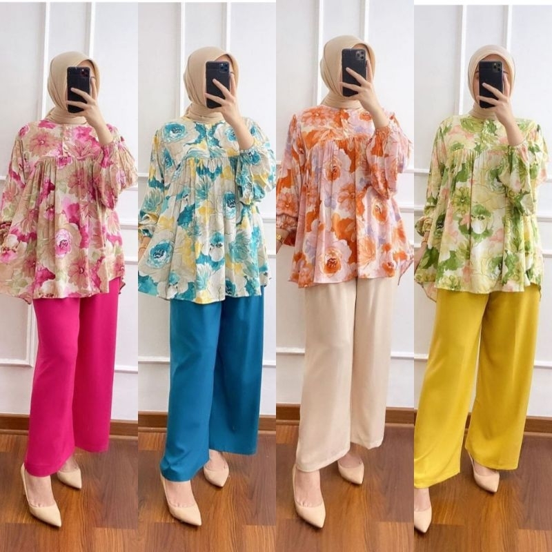 SETELAN TUNIK WANITA SETELAN JUMBO WANITA ONE SET TUNIK BUNGA ONE SET ROSEMARRY ONE SET JUMBO WANITA