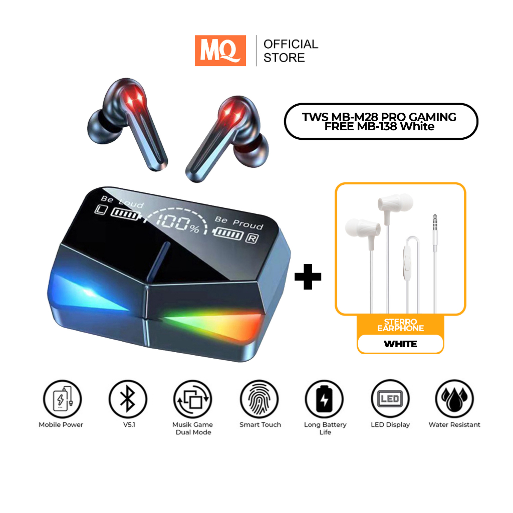 MQ TWS MB-M28 Pro Gaming Wireless Earphone Headset Bluetooth Dual Mode BT V5.1 LED Smart Display With Power Bank