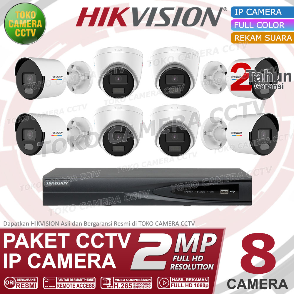 PAKET CCTV IP CAMERA HIKVISION 2MP COLORVU AUDIO 8 CHANNEL 8 KAMERA