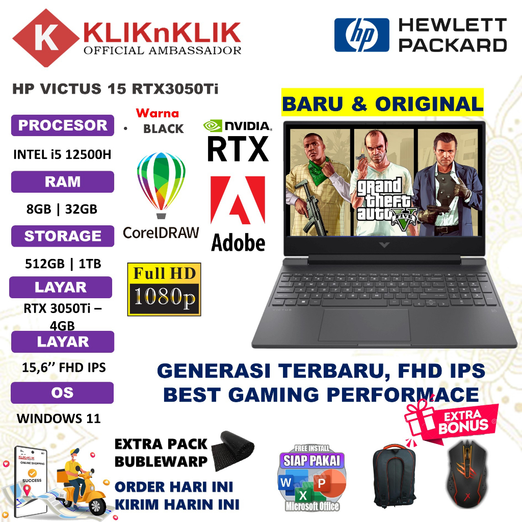 LAPTOP GAMING HP VICTUS 15 INTEL I5 12500H RAM 32GB SSD 1TB RTX3050Ti 4GB FHD 144Hz WINDOWS 11 TERLARIS