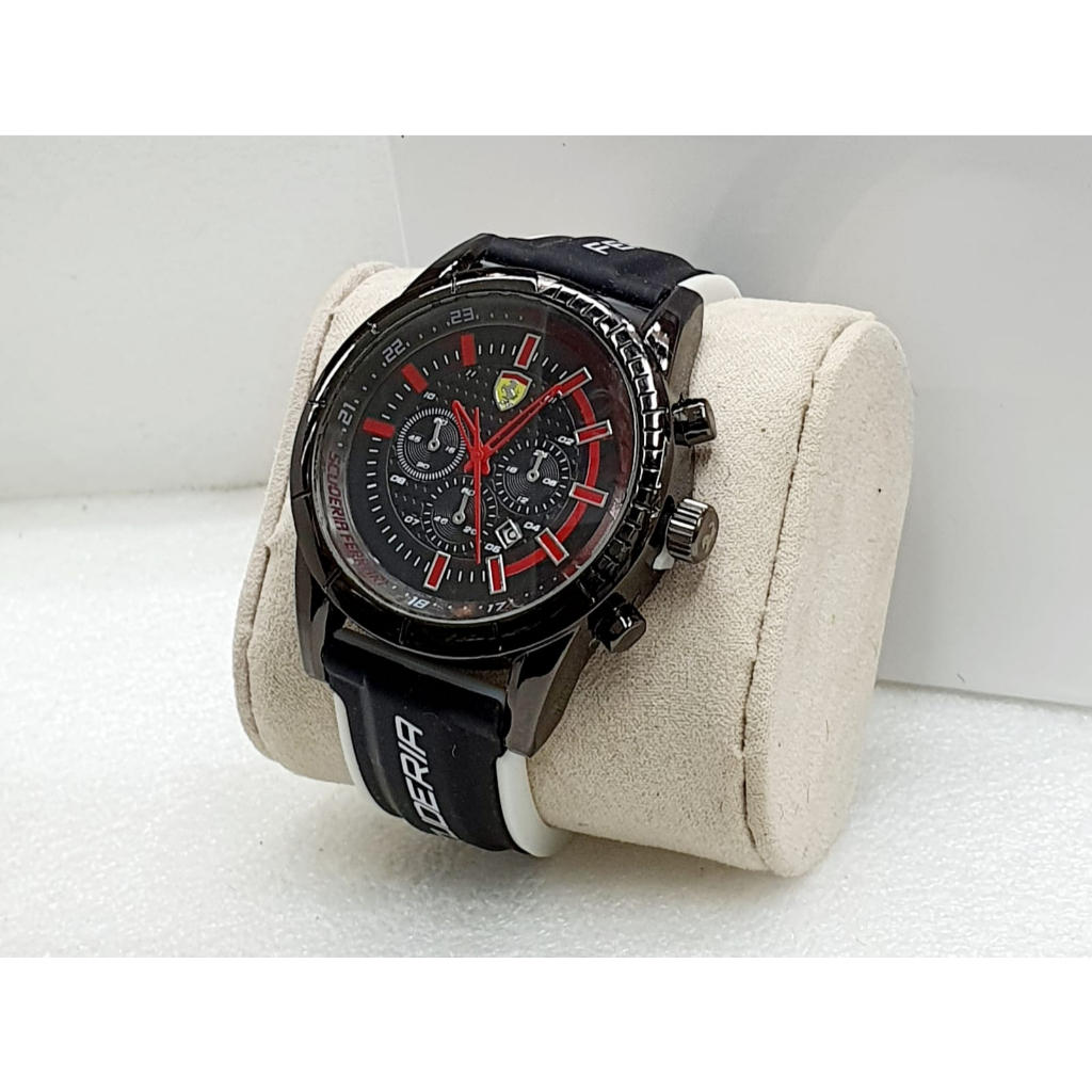 COD Jam Tangan Pria Ferrari Sport Tali Karet Body Bulat Chrono Variasi Tanggal Aktif
