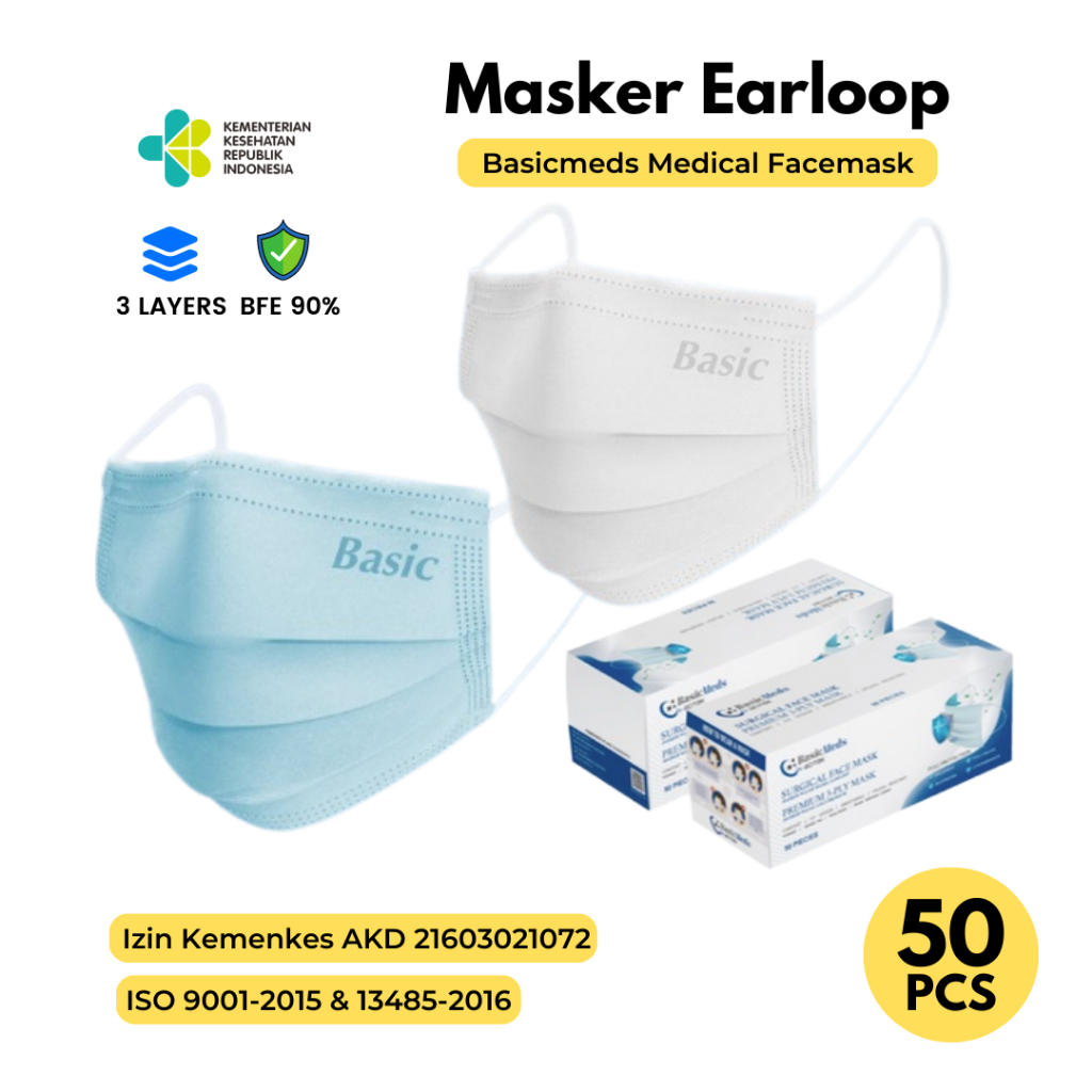 Masker 3 ply 3Ply Earloop Tali kuping Masker Medis Kemenkes 1 box isi 50 pcs Basicmeds Putih White