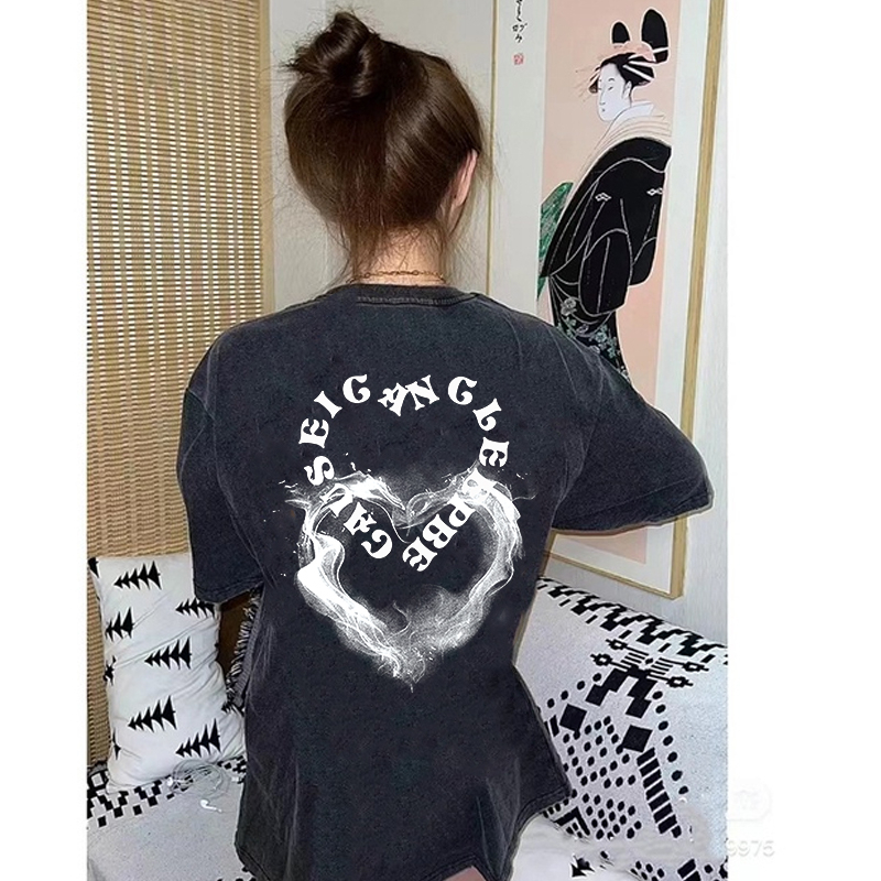 Vintage T-shirt Hitam Washed Oversize Kaos Lengan Pendek Baju Wanita Korean Style/atasan abu