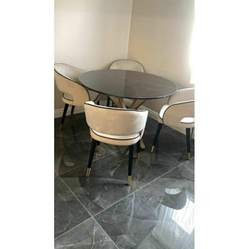 Meja makan Bundar Kaki Besi Kursi 4 Top Marmer