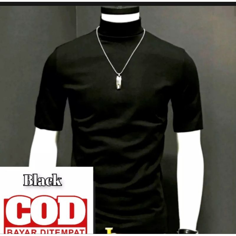 Premium Baju Kaos Pria Turtleneck Lengan Pendek Leher Tinggi