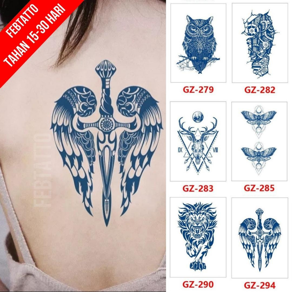 Tato Semi Pemanent Tahan 1 Bulan Ukuran 11cmx18cmTato Lengan Tato Dada Tato tangan Tato Kaki Tato Punggung Motif Aesthetic Tatto Temporary Stiker Tato Halal Grosir Tato air motif burung hantu, tribal robot, kepala rusa, kupu kupu, macan, sayap GZ 294